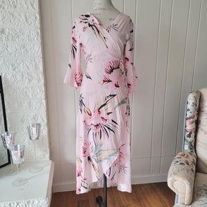 Women's High Low Maxi Long Flowy Floral Mid Sleeve V Neck Floral Wrap Dress
